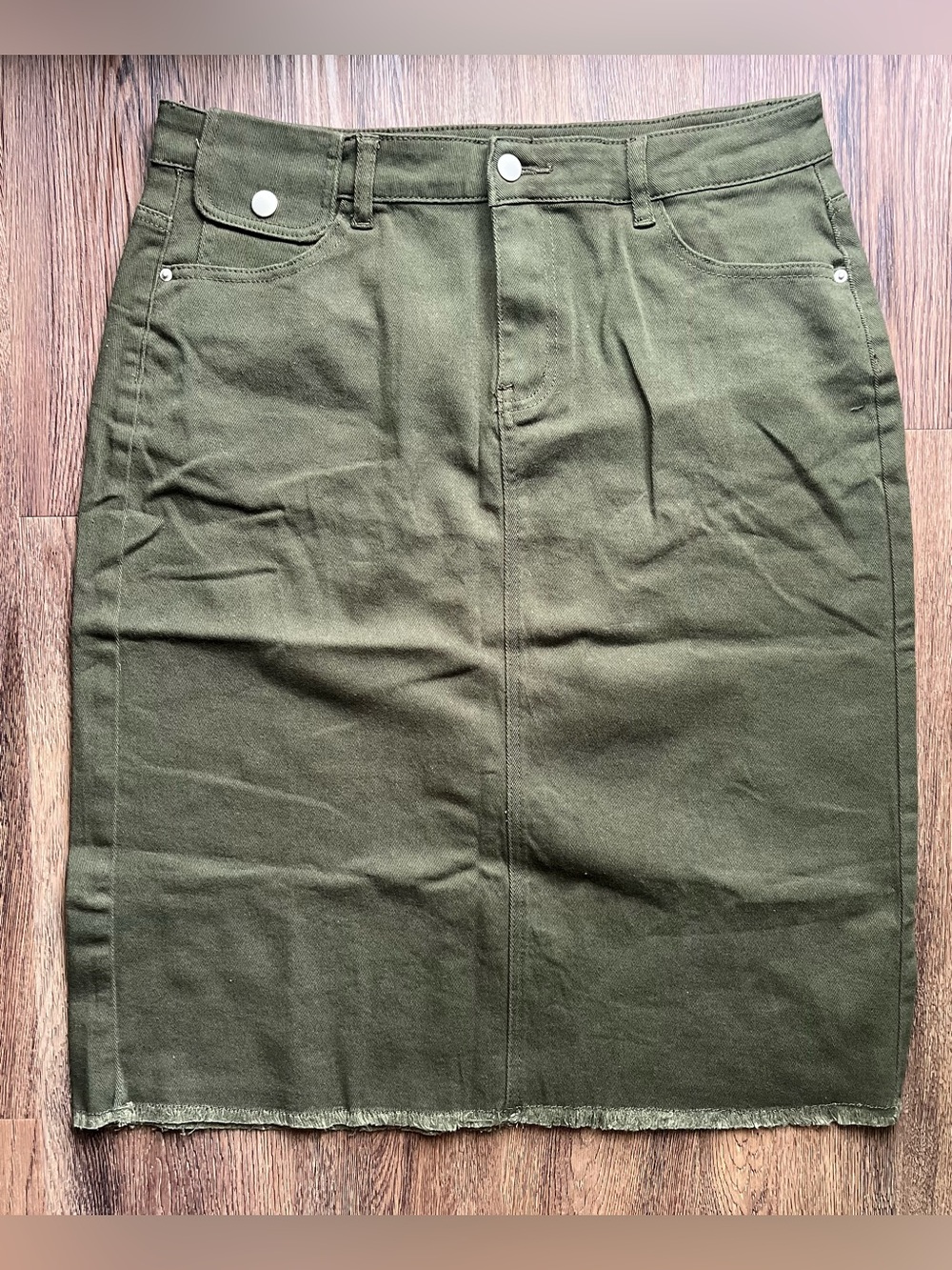 Women’s Olive Green Stretch Denim Pencil Skirt with Raw Hem
